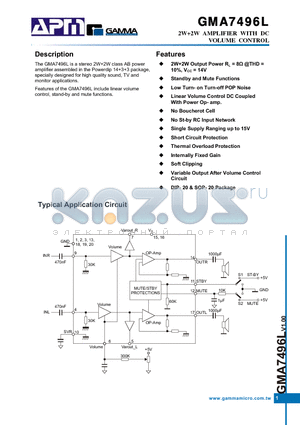 GMA7496L_1 datasheet - 2W2W AMPLIFIER WITH DC VOLUME CONTROL