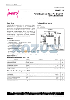 LB1821 datasheet - Power Brushless Motor Pre-Driver IC for OA Equipment