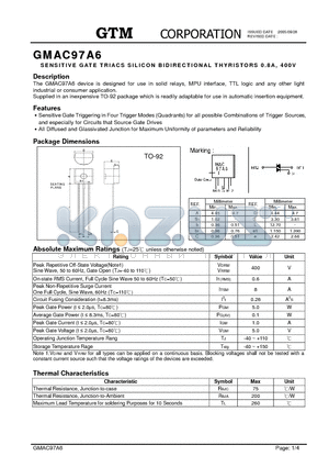 GMAC97A6 datasheet - SENSITIVE GATE TRIACS SILICON BIDIRECTIONAL THYRISTORS 0.8A ,400V