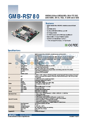 GMB-RS780-00A1E datasheet - AMD64 Athlon AM2&AM2 Mini ITX SBC with HDMI, DVI-D, VGA, 4 COM and 8 USB