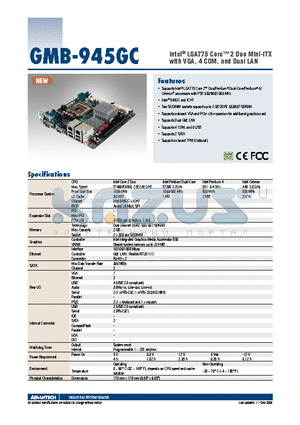 GMB-945GC datasheet - Intel^ LGA775 Core 2 Duo Mini-ITX with VGA, 4 COM, and Dual LAN