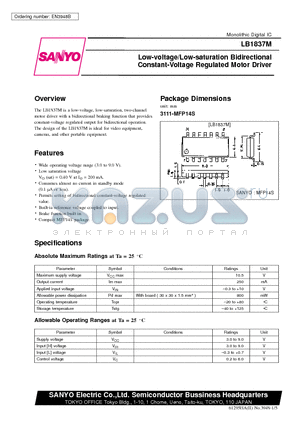 LB1837 datasheet - Low-voltage/Low-saturation Bidirectional Constant-Voltage Regulated Motor Driver