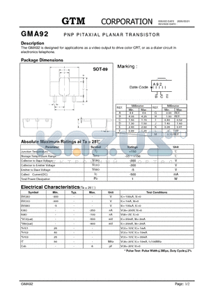 GMA92 datasheet - PNP PITAXIAL PLANAR TRANSISTOR