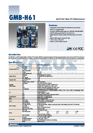 GMB-H61 datasheet - Intel^ H61 Mini-ITX Motherboard