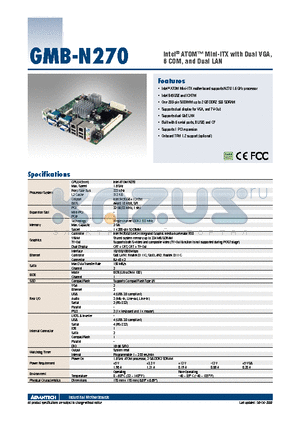 GMB-N270 datasheet - Intel^ ATOM Mini-ITX with Dual VGA, 6 COM, and Dual LAN