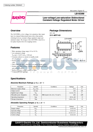 LB1839 datasheet - Low-voltage/Low-saturation Bidirectional Constant-Voltage Regulated Motor Driver