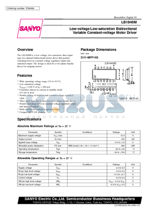 LB1840 datasheet - Low-voltage/Low-saturation Bidirectional Variable Constant-voltage Motor Driver