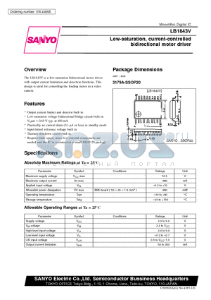 LB1843V datasheet - Low-saturation, current-controlled bidirectional motor driver