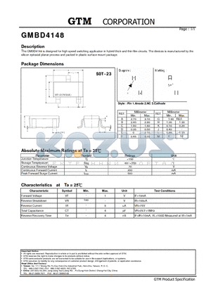 GMBD4148 datasheet - high-speed switching application in hybrid thick-and thin-film circuits