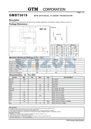 GMBT3019 datasheet - NPN EPITAXIAL PLANAR TRANSISTOR