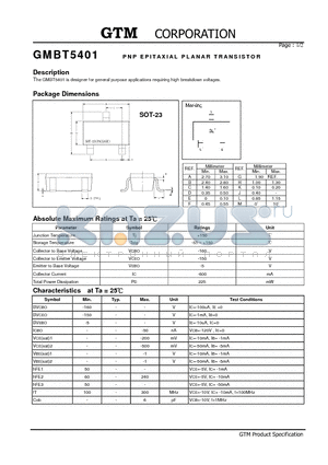 GMBT5401 datasheet - PNP EPITAXIAL PLANAR TRANSISTOR