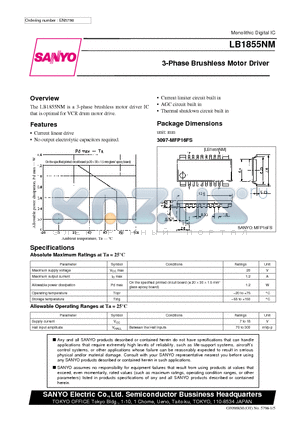 LB1855 datasheet - 3-Phase Brushless Motor Driver