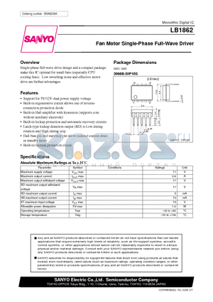 LB1862 datasheet - Fan Motor Single-Phase Full-Wave Driver