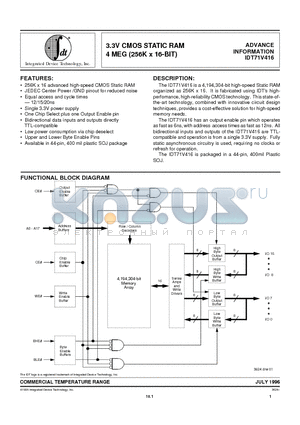 IDT71V416S20Y datasheet - 3.3V CMOS STATIC RAM 4 MEG (256K x 16-BIT)