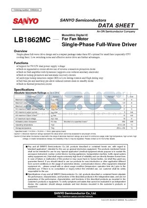 LB1862MC datasheet - Monolithic Digital IC For Fan Motor Single-Phase Full-Wave Driver
