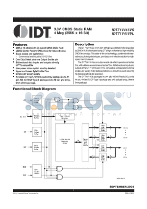 IDT71V416VL datasheet - 3.3V CMOS Static RAM 4 Meg (256K x 16-Bit)