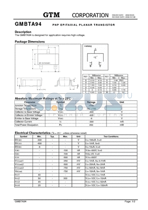 GMBTA94 datasheet - PNP EPITAXIAL PLANAR TRANSISTOR