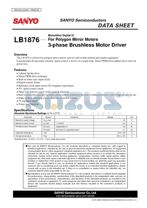 LB1876 datasheet - For Polygon Mirror Motors 3-phase Brushless Motor Driver