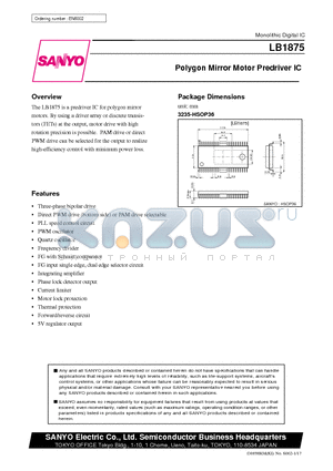 LB1875 datasheet - Polygon Mirror Motor Predriver IC