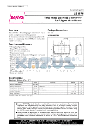 LB1876 datasheet - Three-Phase Brushless Motor Driver for Polygon Mirror Motors