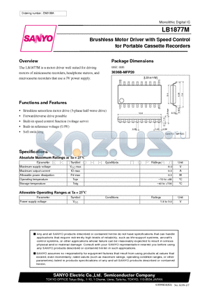 LB1877M datasheet - Brushless Motor Driver with Speed Control for Portable Cassette Recorders