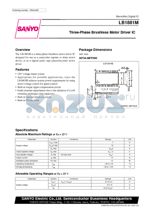 LB1881M datasheet - Three-Phase Brushless Motor Driver IC