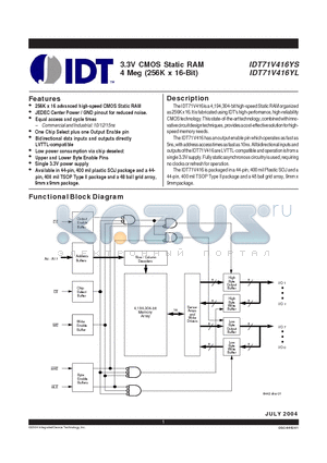 IDT71V416YL10PHG datasheet - 3.3V CMOS Static RAM 4 Meg (256K x 16-Bit)