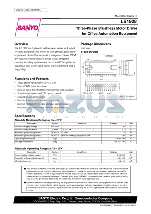 LB1928 datasheet - Three-Phase Brushless Motor Driver for Office Automation Equipment