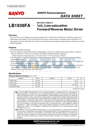 LB1938FA datasheet - Monolithic Digital IC 1ch, Low-saturation Forward/Reverse Motor Driver