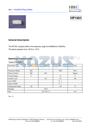 HP1001 datasheet - 800 - 1200 MHz Phase Shifter