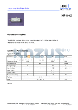 HP1002 datasheet - 1700 - 2000 MHz Phase Shifter