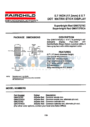 GMC7275CA datasheet - 0.7 INCH (17.2MM) 5 X 7 DOT MATRIX STICK DISPLAY