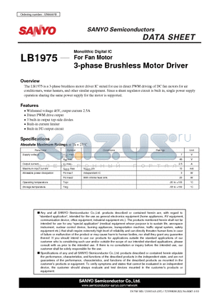 LB1975_08 datasheet - For Fan Motor 3-phase Brushless Motor Driver