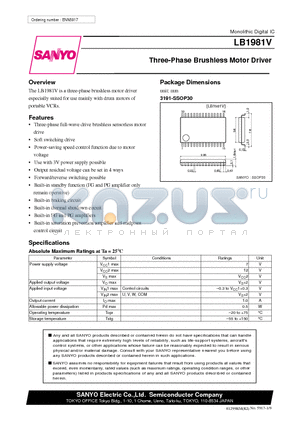 LB1981 datasheet - Three-Phase Brushless Motor Driver