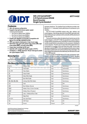 IDT71V432S7PFI datasheet - 32K x 32 CacheRAM 3.3V Synchronous SRAM Burst Counter Single Cycle Deselect