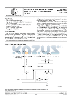 IDT71V509S50Y datasheet - 128K x 8 3.3V SYNCHRONOUS SRAM WITH ZBTO AND FLOW-THROUGH OUTPUT