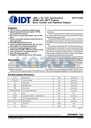 IDT71V546S100PF datasheet - 128K x 36, 3.3V Synchronous SRAM with ZBT Feature, Burst Counter and Pipelined Outputs