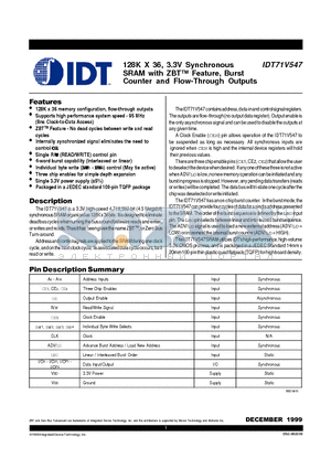 IDT71V547S85PF datasheet - 128K X 36, 3.3V Synchronous SRAM with ZBT Feature, Burst Counter and Flow-Through Outputs