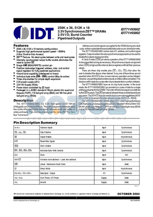 IDT71V65602S-150BG datasheet - 256K x 36, 512K x 18 3.3V Synchronous ZBT SRAMs 2.5V I/O, Burst Counter Pipelined Outputs