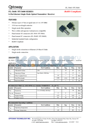 FL-3615 datasheet - 8Pin Ethernet Single-Mode Optical Transmitter / Receiver