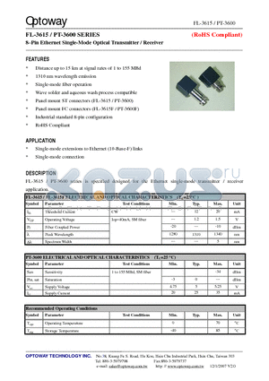 FL-3615F datasheet - 8Pin Ethernet Single-Mode Optical Transmitter / Receiver