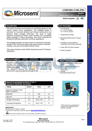 GMP4201-GM1 datasheet - Surface Mount PIN & Limiter Diodes