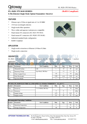FL-3620F datasheet - 8Pin Ethernet Single-Mode Optical Transmitter / Receiver
