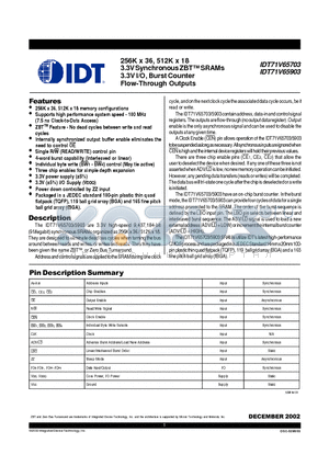 IDT71V65703S75BQ datasheet - 256K x 36, 512K x 18 3.3V Synchronous ZBT SRAMs