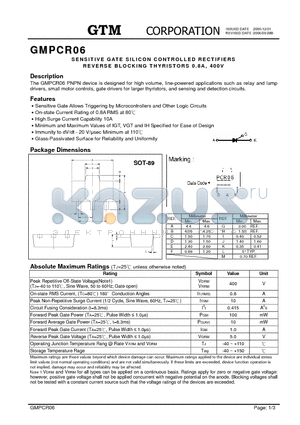 GMPCR06 datasheet - SENSITIVE GATE SILICON CONTROLLED RECTIFIERS REVERSE BLOCKING THYRISTORS 0.8A, 400V