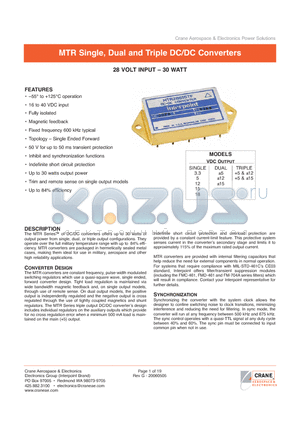 MTR2812D/883 datasheet - MTR Single, Dual and Triple DC/DC Converters