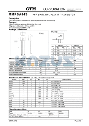 GMPSA94S datasheet - PNP EPITAXIAL PLANAR TRANSISTOR