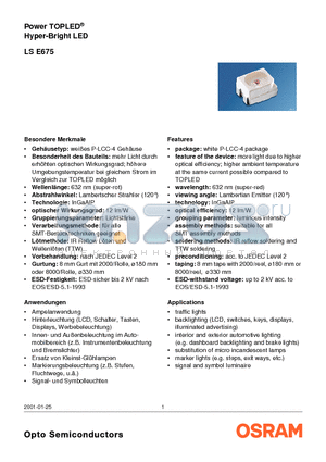 LSE675-S1T1-11 datasheet - Power TOPLED Hyper-Bright LED