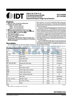 IDT71V67603S133BQG datasheet - 256K X 36, 512K X 18 3.3V Synchronous SRAMs 3.3V I/O, Burst Counter Pipelined Outputs, Single Cycle Deselect