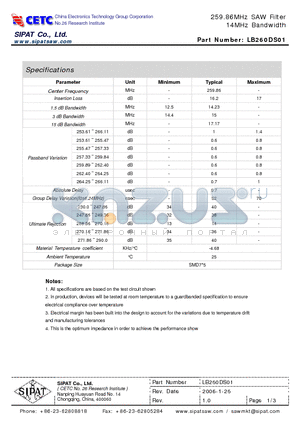 LB260DS01 datasheet - 259.86MHz SAW Filter 14MHz Bandwidth